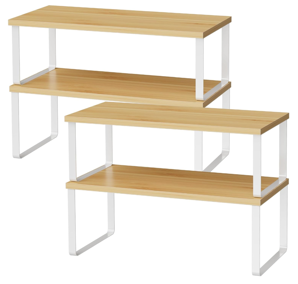 OGEMXU Cabinet Shelf Organizers, 15.7 inches Large Kitchen Counter Shelf, Set of 4 Wood Kitchen Pantry Organizer, Storage Shelves for Countertop, Spice Rack, Stackable, Expandable, Metal White, Nature