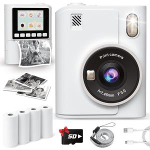 Instant Print Camera for Kids, 1080P Instant Digital Print Cameras for Toddler, Portable Toy for 4 5 6 7 8 9 10 Year Old Girl, Christmas Birthday Gifts for Girls Boys with SD Card White