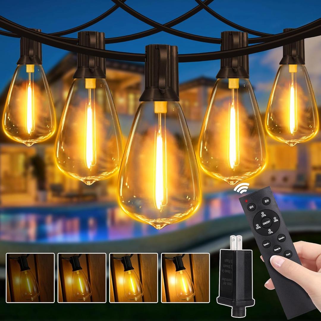 Outdoor String Lights Dimmable with Remote, 100 FT Outdoor Lights with 2 Timer and 3 Mode, Waterproof & Shatterproof Patio Lights, 2200K Energy Saving String Lights 3 Spare Bulbs for Patio Yard