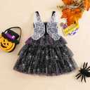 Toddler Baby Girl Halloween Outfit Bat Ghost Smocked Sleeveless A-line Layered Tulle Tutu Dress with Butterfly Wing (6-12 Months)
