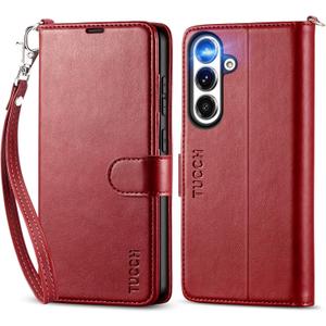 TUCCH Wallet Case for Galaxy S25 Plus, Lanyard [Wriststrap] Magnetic PU Leather Stand [RFID Blocking] Card Slot Flip Cover with TPU Inner Case Compatible with Galaxy S25 Plus, Dark Red with Wristlet