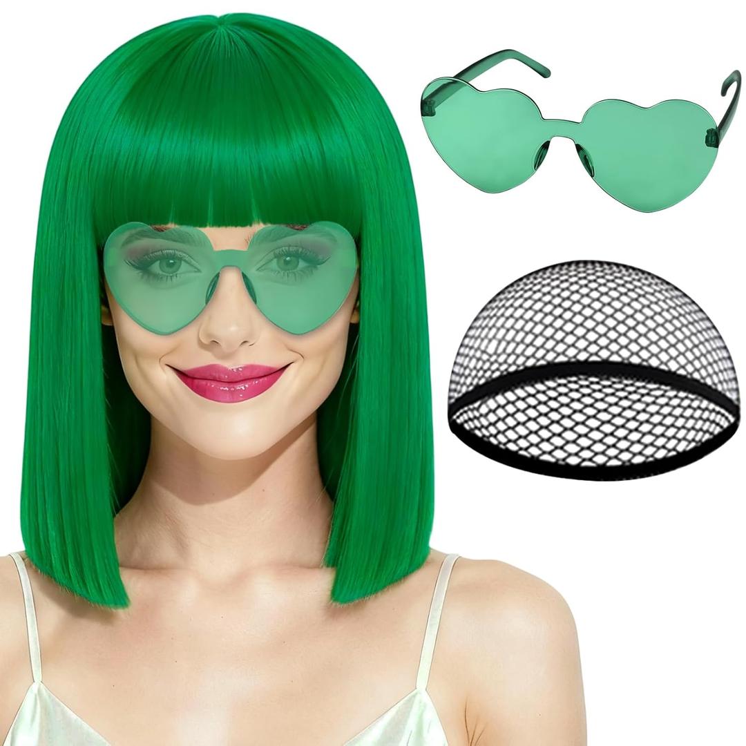 PLULON Green Bob Wig with Bangs, Short Straight Bob Wig with Heart Sunglasses 12 Inch Shoulder Length Heat Resistant Synthetic Hair Cap for Women Natural Look Daily Use Cosplay Halloween Costume Party