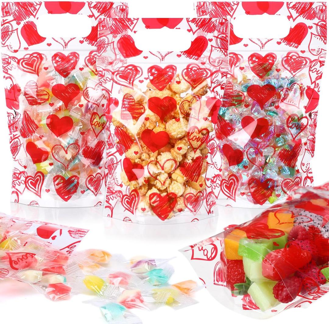 Blosssound 50 Pcs Valentines Day Gift Bags Resealable Love Plastic Bags Valentines Party Favor holder with Handle for Wedding Party Candy Gift Wrapping Supplies Decor (Love)
