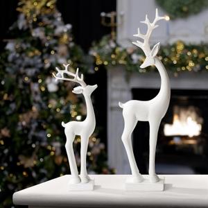 Resin Christmas Reindeer Figurines: 2pcs White Christmas Deer Statues, Elegant Accent Winter Deer Table Ornaments, Classic Gifts Xmas Decorations for The Home