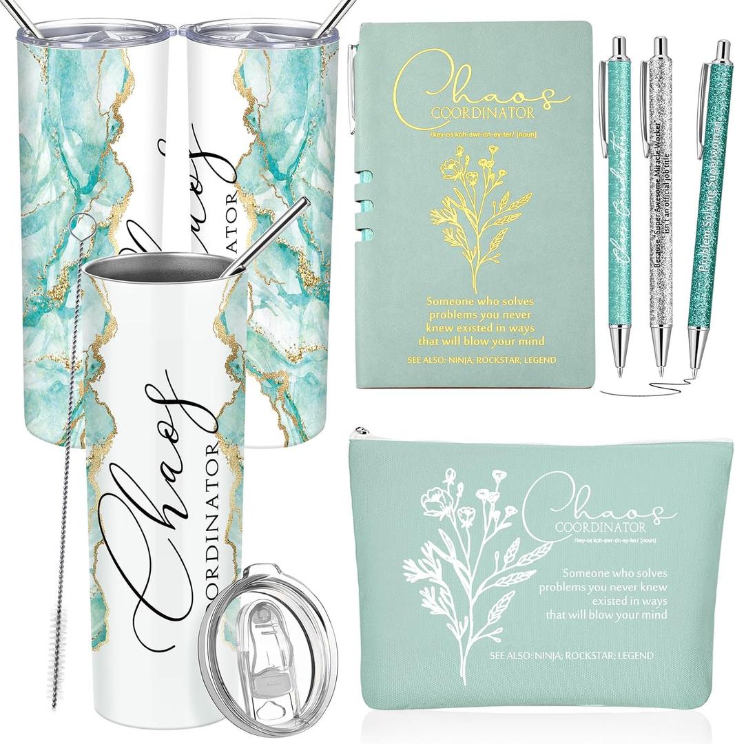 Domensi 6 Pcs Chaos Coordinator Cna Week Bulk 2026 End of Year Teacher Nurse Appreciation Gifts 20oz Tumbler Makeup Bag Notebook with Ballpoint Pen for Employee Team Wedding Manager Coworker(Green)