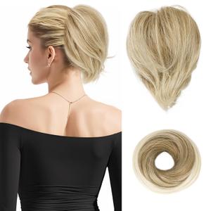BARSDAR Straight Hair Bun Extensions - Synthetic Fully Short Ponytail Hair Bun Extensions for Women, Elastic Messy Scrunchies Hairpieces Daily Party - Mixed Blonde & Bleach Blonde Tips (1 Count (Pack of 1))