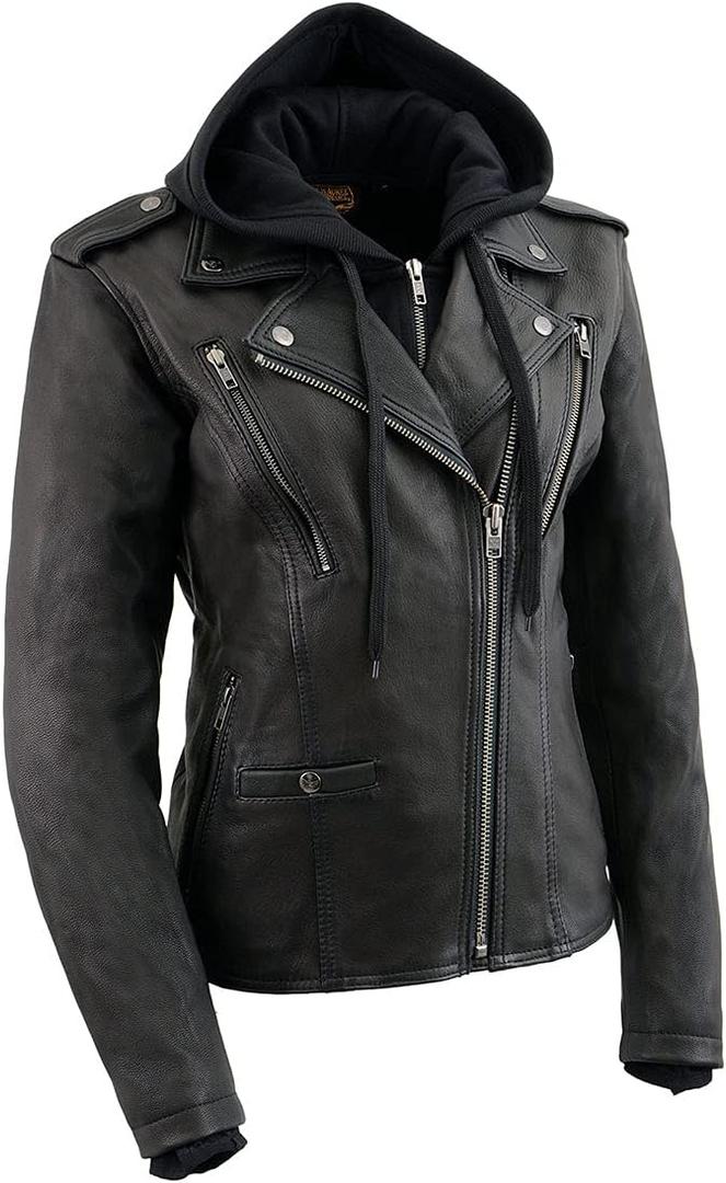 Milwaukee Leather MLL2575 Women's Black Leather Vented Motorcycle Jacket w/Removable Hoodie (2X)