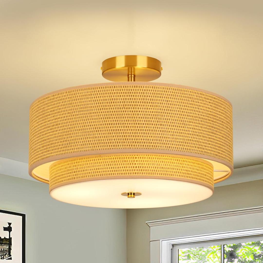 16 Inch Modern Semi Flush Mount Ceiling Light Fixture, Double Rattan and Wicker Style Drum Shade, Gold Farmhouse Flush Ceiling Lamp for Bedroom, Living Room, Dining Room, Kitchen