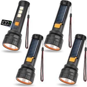 KERNOWO Solar Flashlights, 1500 Lumens Led Solar Powered Flashlight with Digital Display 2000mAh Battery Rechargeable Handheld IP65 Waterproof Flashlights for Survival Emergencies, 4 Pack