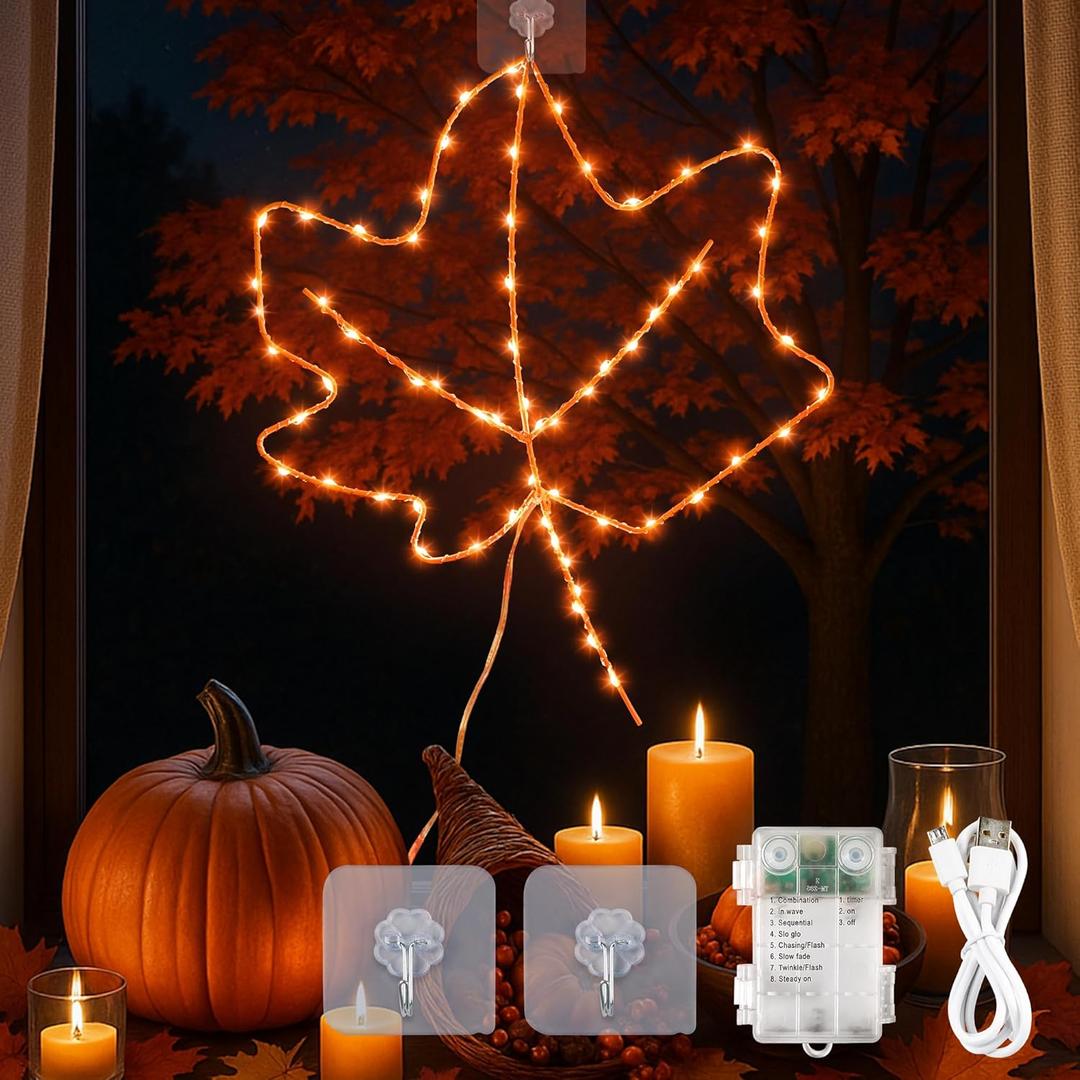 YOUNGAR Thanksgiving Window Lights,64Led Battery/USB Operated Maple Leaves for Fall Decor, 8Modes Timer for Home Indoor, Autumn, Glass Wall,Porch,Outdoor Decor (Orange)