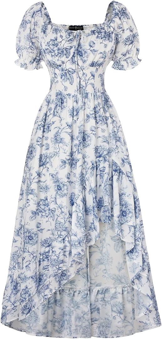 Scarlet Darkness Corset Dresses for Women Summer 2026 Floral Wedding Guest Chiffon Sundress (Medium, Blue Line Floral)
