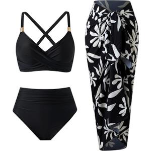 YUNIDMEIM High Waisted Bikini Sets for Women 3 Piece Swimsuits Retro V Neck Cross Back Bathing Suit with Cover Up (Black, M)