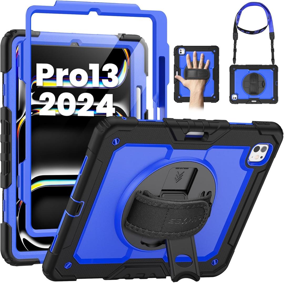SEYMAC for iPad Pro 13 Inch Case 2024 M4 (7th Generation), Heavy Duty Shockproof Protective Case with Screen Protector, 360 Rotating Stand, Hand/Shoulder Strap and Pen Holder, Blue (Black /Dark Blue)