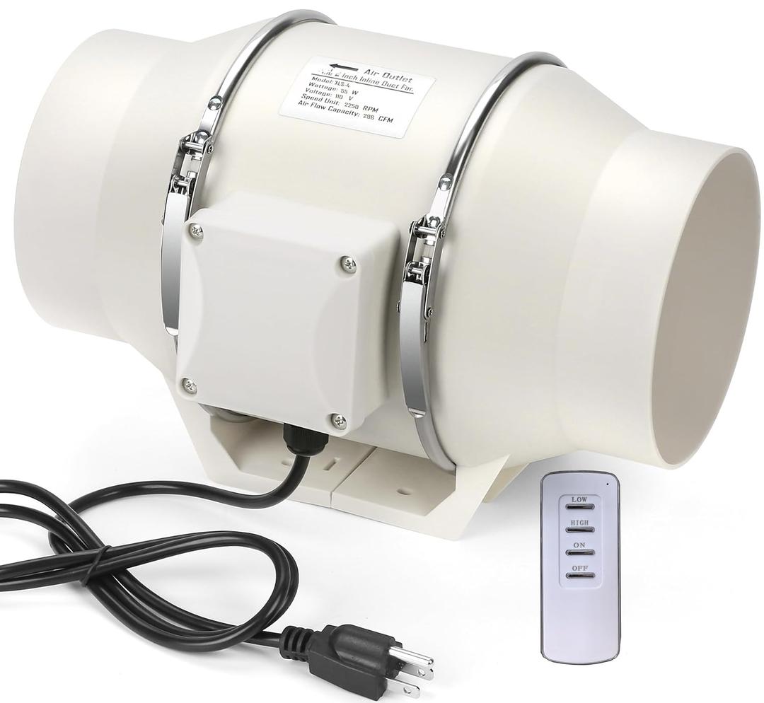 4 Inch Duct Inline Ventilation Exhaust Fan with Remote Controller 296 CFM Duct Intake Fan High Efficiency Air Fan Copper Motor for Ducting Vents Bathroom Grow Tents Hydroponics