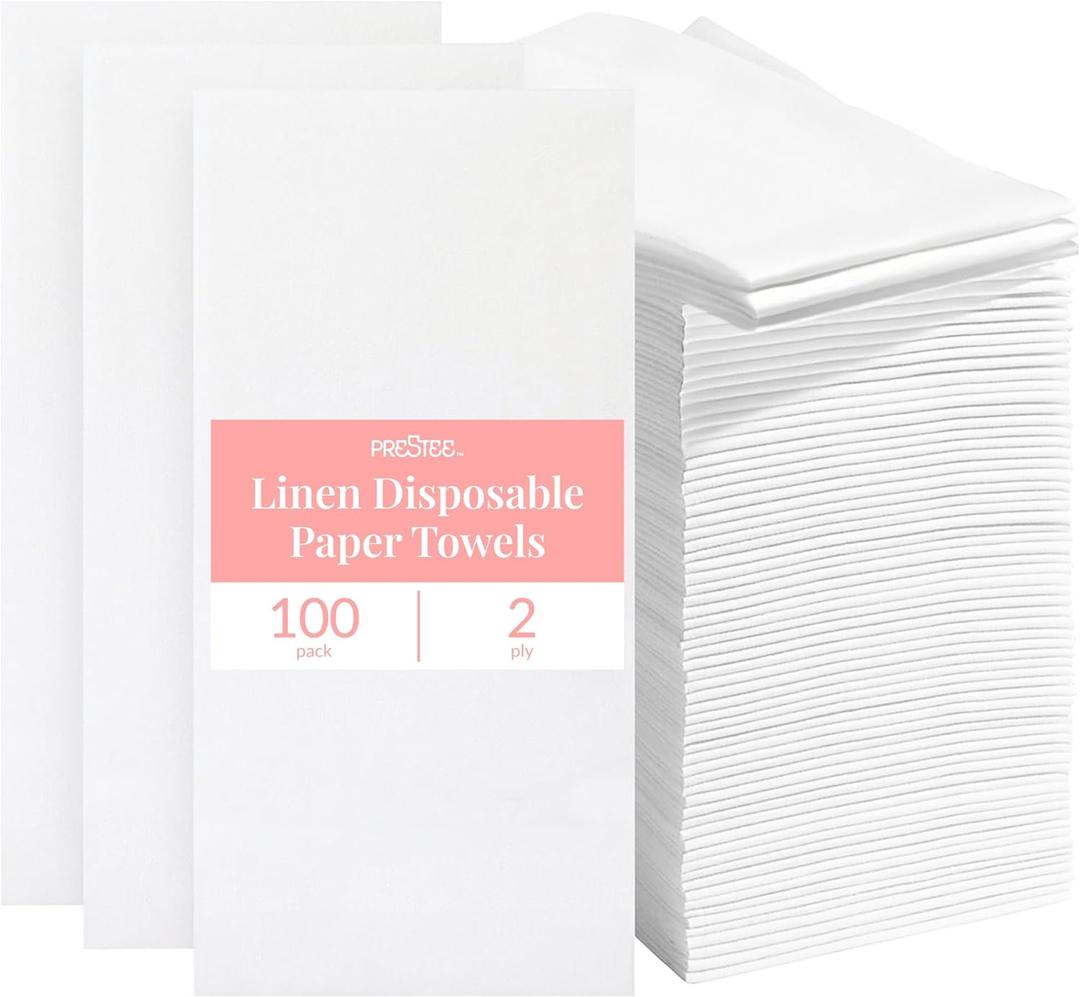 Prestee 100 Linen Feel Disposable Paper Towels - Hand Towels for Bathroom - Cloth-Like Napkins for Weddings, Events, and Dinners - Paper Napkins Ideal for Home, Office - White, 12 x 17 Inches