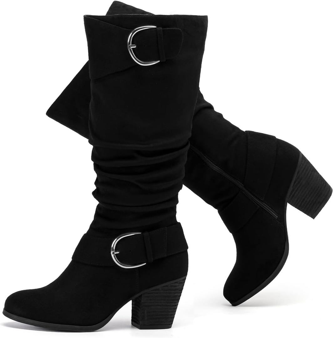 Luoika Women's Extra Wide Calf Slouchy Knee High Boots, Wide Width Knee-High Boots Low Stacked Heel Side Zipper Winter Fall Tall Boots. (Black 1004), Size: 8 X-Wide