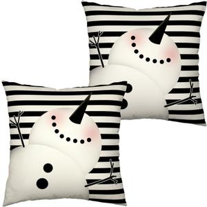 Kwlegh Lovely Snowman Pillow Covers 18x18 Set of 2 Winter Holiday Cold Pillow Case Black and White Striped Throw Pillow Covers Cotton Linen Pillowcase for Indoor Outdoor Decor Car