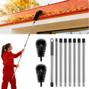 10.5 FT Gutter Cleaning Tools from The Ground with 2Pcs Nylon Brush Stainless Steel Telescopic Pole Adjustable Gutter Cleaner Tools No Ladder Needed for Easy Remove Branches Leaves