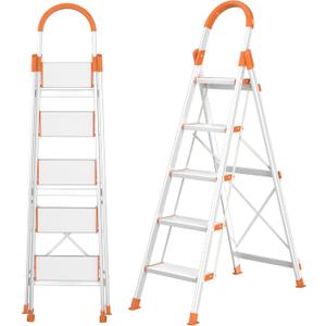 5 Step Aluminum Ladder, Lightweight and Anti-Slip Aluminum Step Ladder, Collapsible Folding Step Stool, Step Ladder 5 Step Folding for Kitchen Warehouse Home Indoor/Outdoor Use (Orange & Silver)