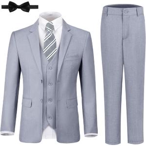 JPF Boy's Formal Suit Set Slim Fit Kids Tuxedo Suits for Wedding Teen Toddler Boy Dress Suit Outfit (14, 6pc Light Grey)