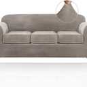 PrinceDeco Velvet Couch Covers for Sofa Soft 4 Pieces Couch Covers for 3 Cushion Couch Sofa Pet Friendly Furniture Protector with Non Slip Elastic Bottom Width Up to 90 Inch(Large, Taupe)