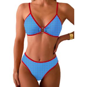 Fanuerg Women's Triangle Bikini Sets O Ring Linked Two Piece Swimsuits Floral Printed Cheeky Bathing Suit (Medium, Blue Grid)
