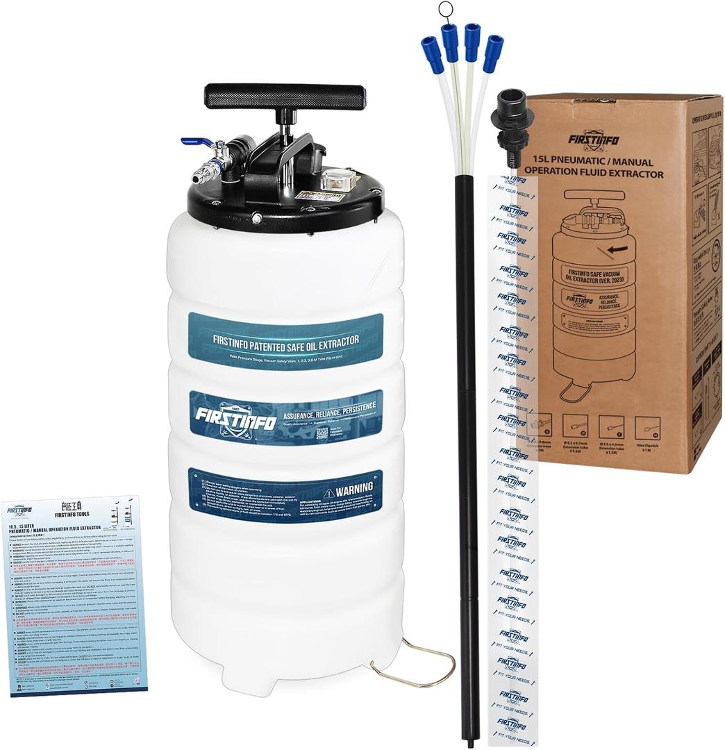 FIRSTINFO A1106USY5 Patented Third Generation 15L Pneumatic/Manual Oil Vacuum Extractor | Safety Pressure Gauge | 51 Inch Tube | 11.8 feet Tubes Length | Thinnest Tube | Taiwan