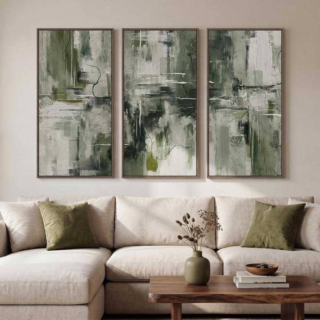Large Framed Modern Green Abstract Wall Art for Living Room, 3 Piece 20x40, 20" W x 40" H x 3pcs