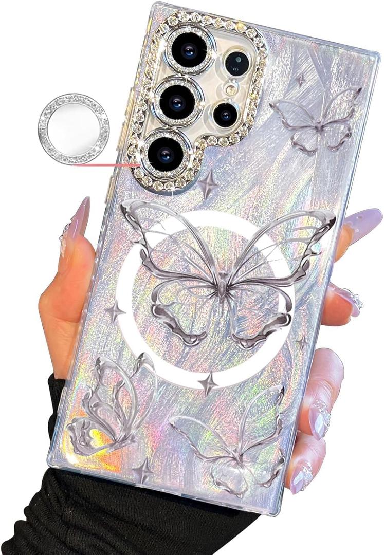 I-MGAE-IN-AR Compact Case for Samsung Galaxy S25 Ultra Butterfly Design,Magnetic Protective Diamond Camera Lens Protection Frame,Cute Soft Shockproof Phone Cases Cover for Women Silver Aesthetic