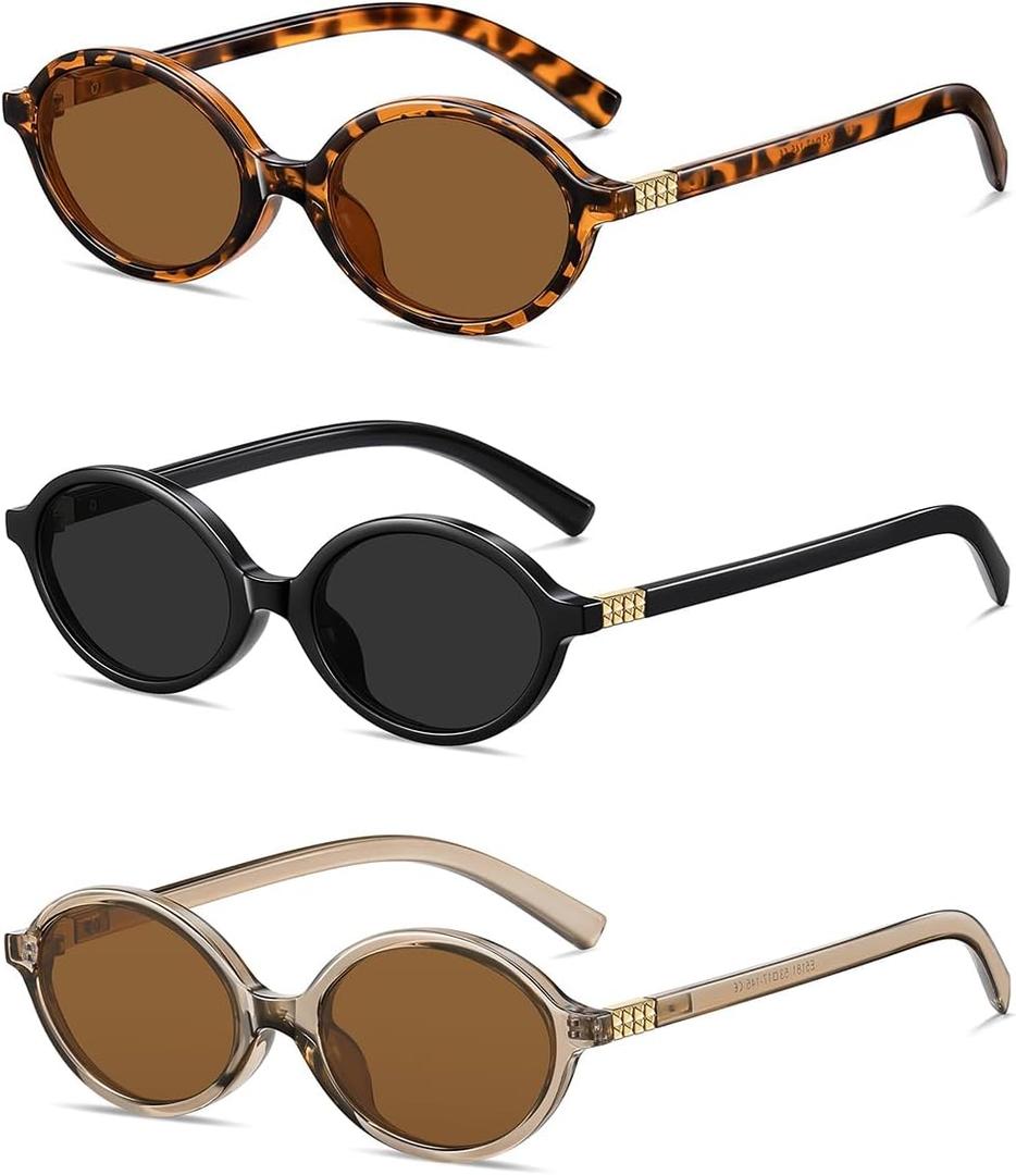 DUSHINE Retro Oval Trendy Sunglasses for Women Lightweight Narrow Shades UV protection Sun Glasses(3 Pack) (A4 Tortoise/Brown+black+transparent Brown)
