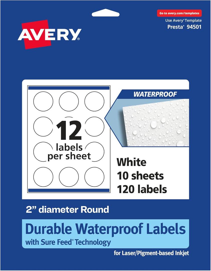 Avery Printable Durable White Round Labels, Sure Feed Technology, 2" Diameter, Print-to-The-Edge, Waterproof Labels, Laser & Pigment-Based Inkjet Compatible, 120 Total