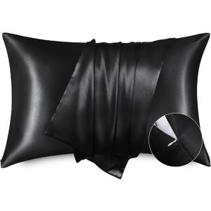 Bedsure King Size Pillow Cases, Satin Pillowcase with Zipper, Similar to Silk Pillow Cases 2 Pack, Silky & Soft Pillow Cover for Hair and Skin, Gifts for Women Men, Black, 20x36 Inches