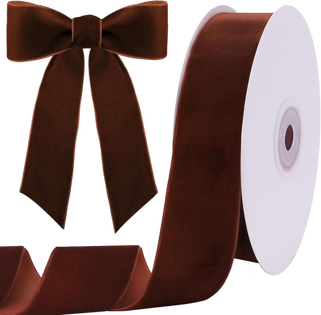 Tsorode 10 Yards Brown Velvet Ribbon 1 1/2 Inch for Christmas Tree,Dark Brown Velvet Christmas Ribbon for Gift Wrapping Crafts Bow Wreath Holiday Decorations (Dark Brown)