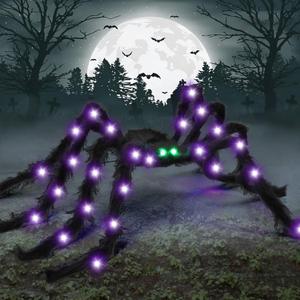 6.6Ft Halloween Light Up Giant Spider,Scary Large Hairy Spider with Green Lighted Eyes for Yard Lawn Halloween Outdoor Decorations,Indoor Party Decor,Black