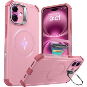 ESR for iPhone 16 Plus Case with Stash Stand, Camera Control, 23FT Military-Grade Shock-Absorbing Drop Protection, Compatible with MagSafe Accessories, Magnetic Cyber Series, Pink