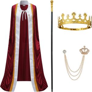 King Costume for Men and Women, Queen Costume, Adult King Cape Robe Metal Crown Scepter, King Queen Robe Costume (Medium, Red)