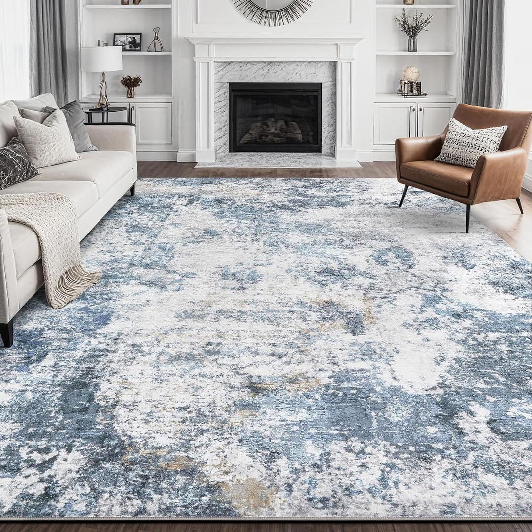 DMOYEST Living Room Area Rugs - 8x10 Abstract Large Soft Indoor Washable Rug Neutral Modern Low Pile Carpet for Bedroom Dining Room Farmhouse Home Office - Blue