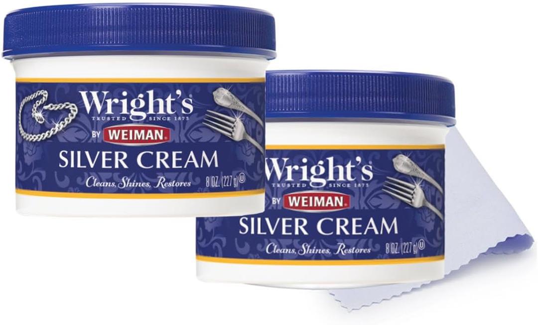 Wright's by Weiman Silver Cleaner and Polish Cream - Gently Clean and Remove Tarnish without Scratching, Ammonia-Free, 8 Ounce, 2 Pack with Polishing Cloth