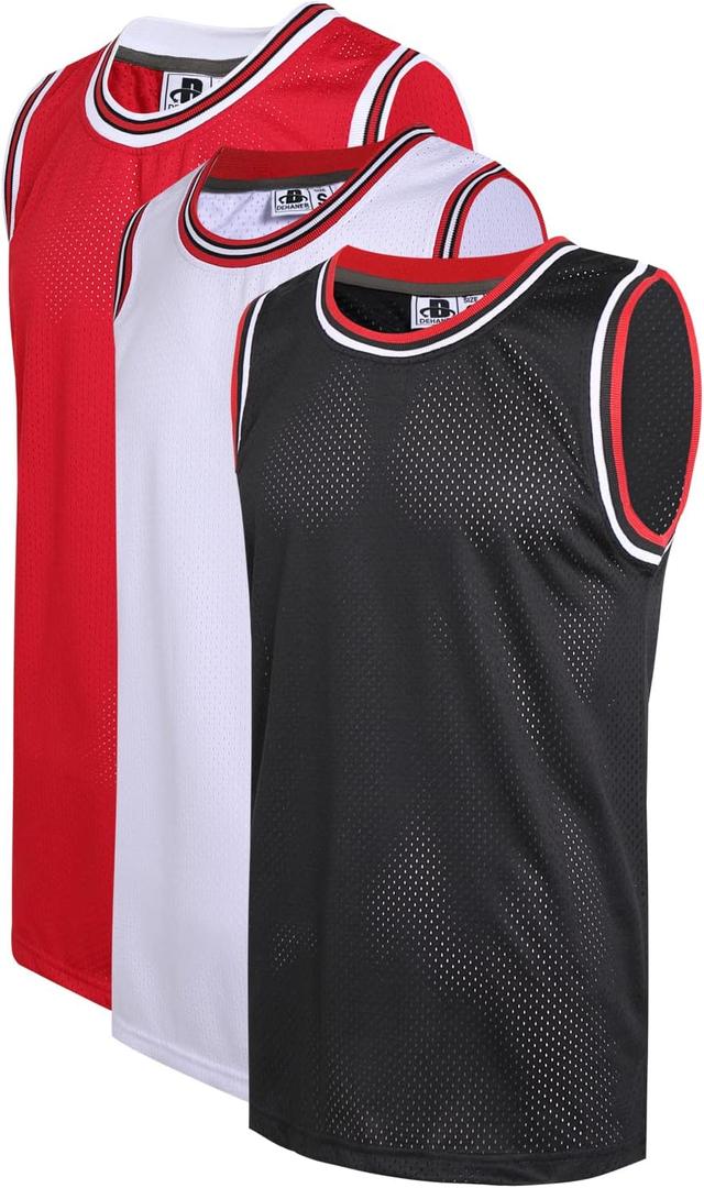 3 Pack Men's Blank Basketball Jerseys Mesh Performance Athletic Team Sports Uniforms Bulk Shirts (X-Large, Black/Red/White)