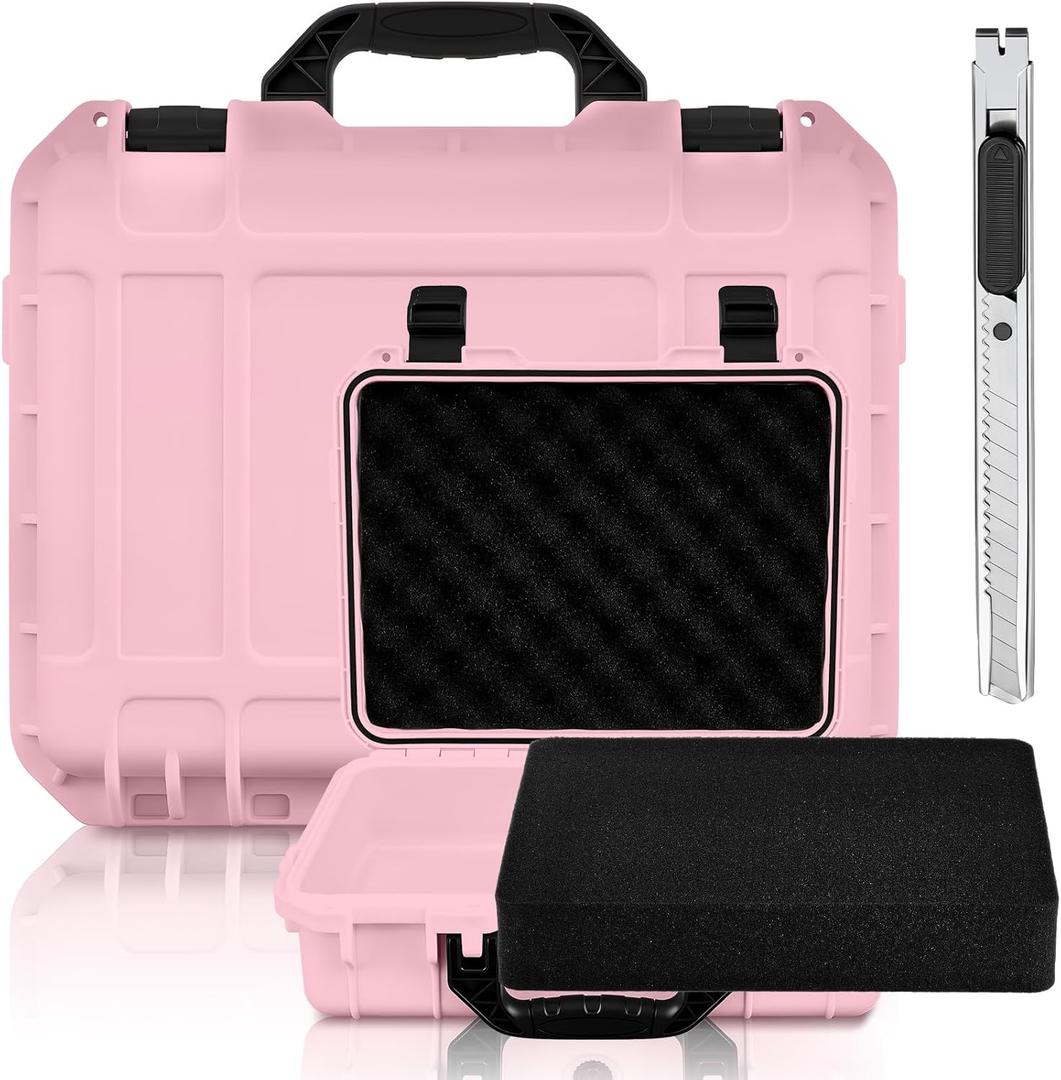 1 Pcs 14.3 x 11.4 x 4.5 Inch Waterproof Hard Case with DIY Customizable Foam Insert Portable Protective Case with Knife for Camera Drones Equipments Tools Test Instruments (Pink)