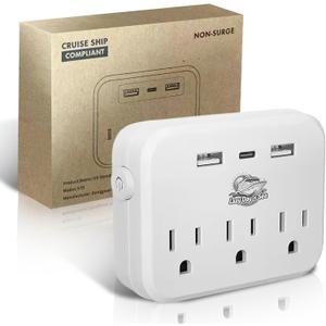 Cruise Ship Compliant Non-Surge Power Strip (6-in-1) Outlet Extender with 3 AC Outlets, 2 USB Ports & 1 USB-C, 2500W, Approved for Carnival, Norwegian, Princess & Disney Cruises (NOT Royal)