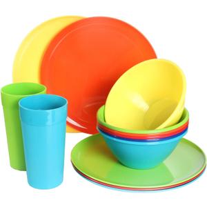 Youngever 18 Piece Plastic Kitchen Dinnerware Set, Plates, Dishes, Bowls, Cups, Service for 6 (Rainbow Colors)
