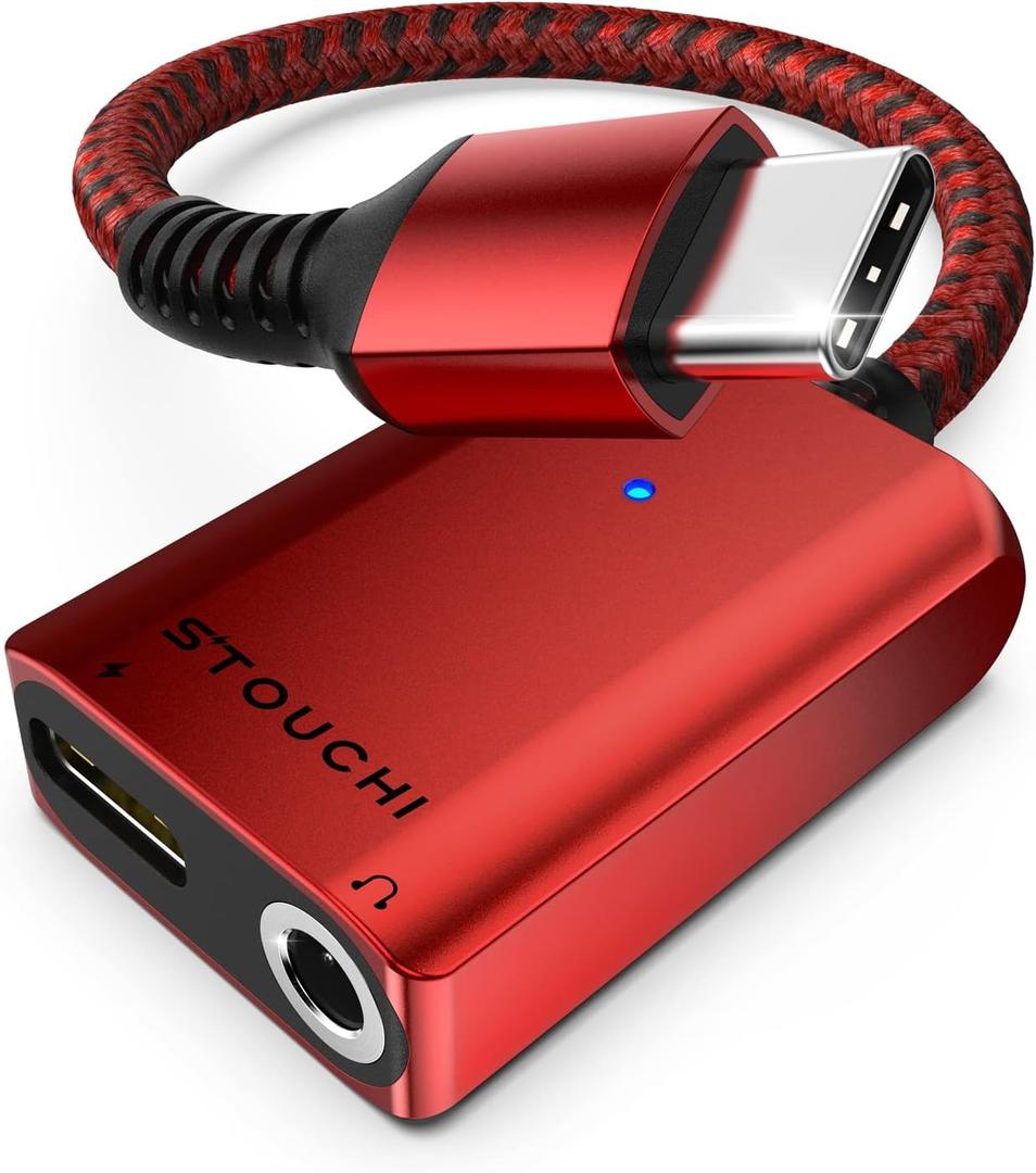 Stouchi USB C to 3.5mm Headphone and Charger Adapter, 2 in 1 USB-C to Aux Audio Jack with 30W Safe Fast Charging Hi-res DAC Compatible with iPhone 17 16 15, Galaxy S25/S24/S23/S22/S21, Pixel 6/5 (Red)