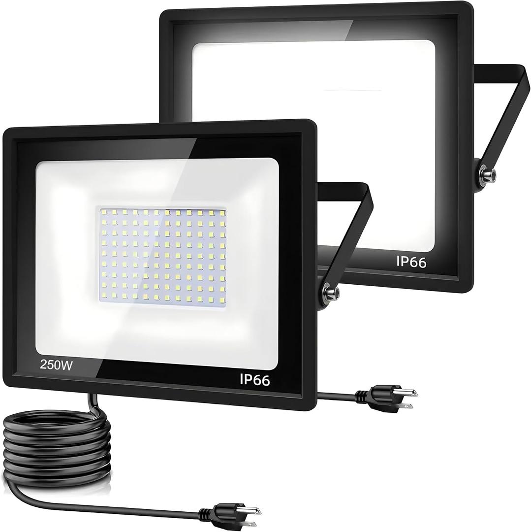 2Pack LED Flood Light Outdoor,250W LED Work Light 25500lm with 6FT US Plug,IP66 Waterproof Exterior Security Lights,6000K Daylight White Outside Floodlights Slim Design for Playground Yard