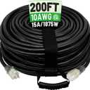 POWGRN 200 Ft 10AWG Black Outdoor Extension Cord Waterproof Heavy Duty 10 Gauge, 3 Prong Flexible Cold-Resistant Long Power Cord Outside with Lighted Indicator End, 15Amp 1875W SJTW ETL Listed