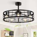 LEDIARY 30 inch Fandelier Caged Ceiling Fan with Light, Bladeless Ceiling Fan with Remote, Farmhouse Fan Lights Ceiling Fixtures for Kitchen, Bedroom, Outdoor(6 Speed, Timing)-Black