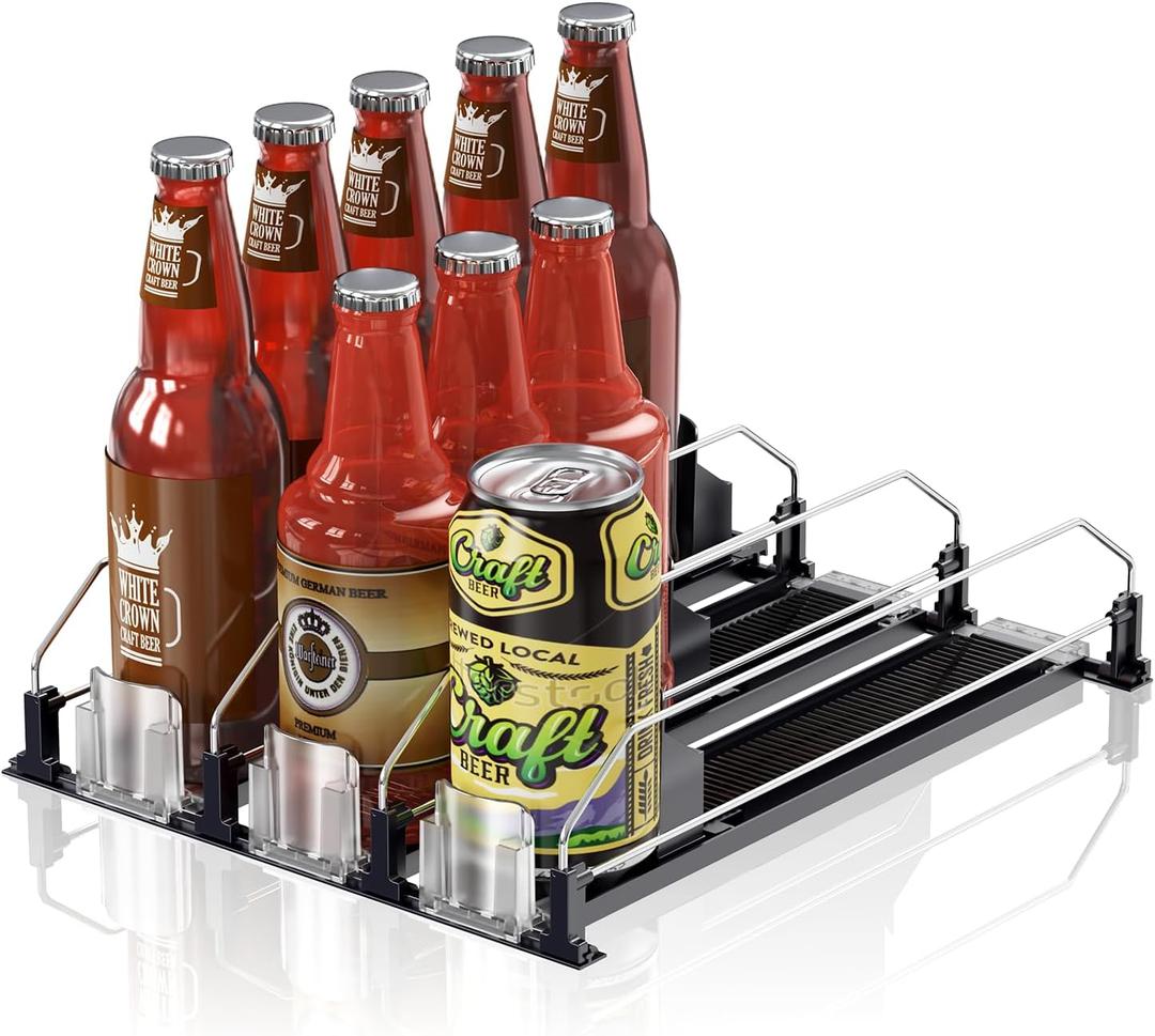 Drink Organizer for Fridge,12oz 16oz 20oz - Soda Can Dispenser for Refrigerator,Width Adjustable,Automatic Pusher Glide (Black, 15" D 3ROW, Holds 15 Cans)