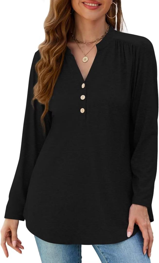 MONNURO Women's Plus Size Tops Henley V Neck Long Sleeve Button Down Shirts Blouses (X-Large Plus)