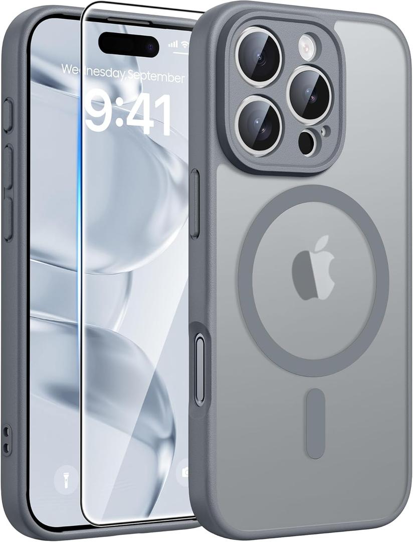 FNTCASE for iPhone 16 Pro Case: [Compatible with Magsafe] Translucent Matte Magnetic Phone Cover - Military Grade Drop Protection Shockproof Protective Cases - Gray