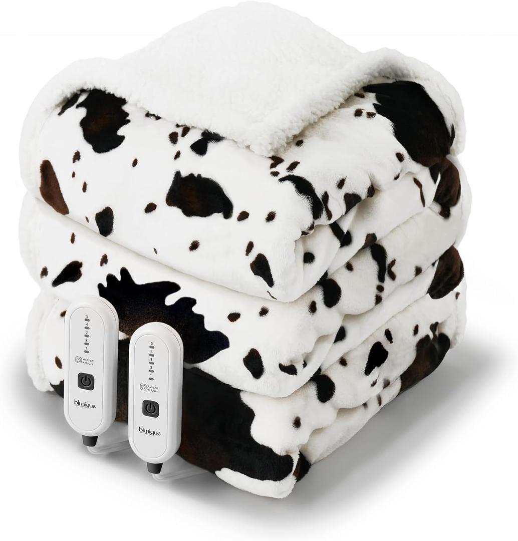 Cow Print Heated Electric Blanket King Size-Dual Control Heating Blanket King Size with 5 Heat Levels & 10 Hours Auto-Off, Cozy Soft Fleece Sherpa, Washable, 90x100 Inche (Cow Print White)
